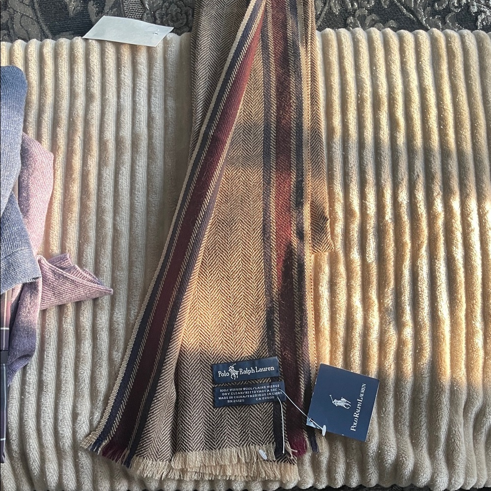Polo by Ralph Lauren Brown and Burgundy Striped Wool Scarf